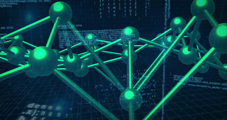 Image of network of connections and data processing over black background
