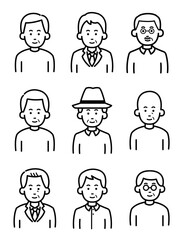 色々なシニア男性の線画イラスト素材セット