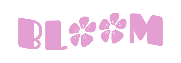 Cute retro lettering, word Bloom with daisy flowers. Groovy wavy text, t shit print, poster. Vetor illustration isolated on white background.