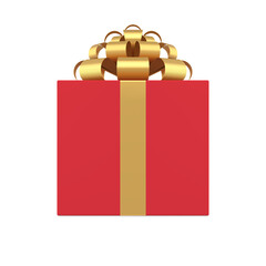 Romantic red squared gift box with golden bow ribbon Christmas holiday congrats 3d icon vector