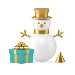 Christmas festive composition gift box snowman and golden geometric pyramid realistic 3d icon vector