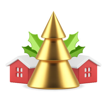 Glossy golden Christmas tree with winter cozy hut and mistletoe December holiday 3d icon vector