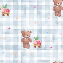 Watercolor seamless pattern. Cute teddy bear with toy cart, flower and watering can. Cute checkered background for fabric, textile, nursery wallpaper.