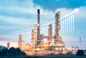 Plakat Oil gas refinery or petrochemical plant. Include arrow, graph or bar chart. Increase trend or growth of production, market price, demand, supply. Concept of business, industry, fuel, power energy. 