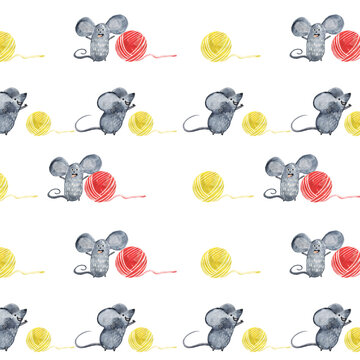 Seamless pattern, wallpaper, watercolor handmade mouse, rat in with balls of thread, on a white background.