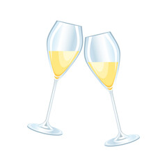 Two glasses of champagne at a celebratory toast icon vector. Glasses of champagne icon isolated on a white background. Glass of prosecco wine icon vector