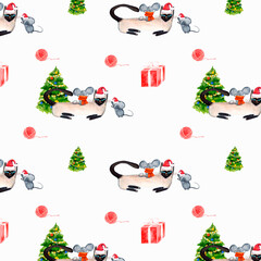 Watercolor hand drawn pattern with a Siamese cat, two mice, rats in a Santa hat, a Christmas tree, a gift box, a ball of thread on a white background.