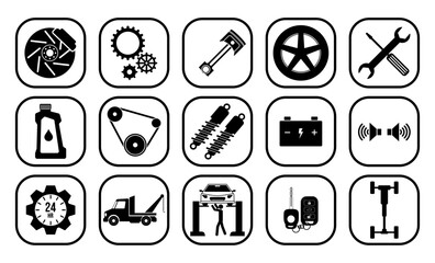 Car garage vector graphic silhouette. gear piston 

car engine part set of vector illustrations 

automobile repair service transport maintenance  

steel cylinder.