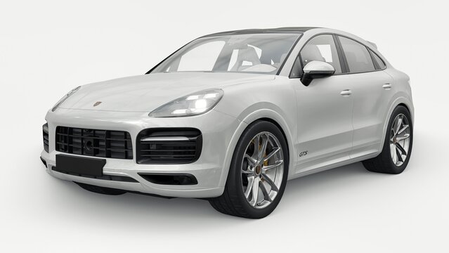 Berlin. Germany. June 12, 2022. White Porsche Cayenne GTS Coupe 2020 on a white background. 3d model of a sports SUV in a coupe body. 3d rendering.