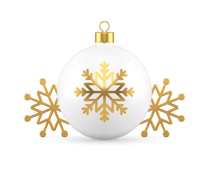 Premium glossy white ball toy golden snowflake traditional winter ornament realistic 3d icon vector