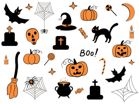 A set of Halloween pictures on a white background. Vector illustration.