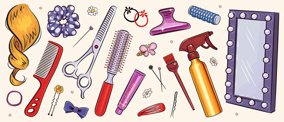 Sketches hairdressing salon objects set. Vector illustration of hairbrush, mirror, scissors and hair accessories