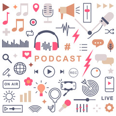 International Podcast Day. Podcast. Set of vector illustrations for the design of broadcast podcasts. Studio microphone on a stand, headphones, soundtrack. Perfect for a podcast blog