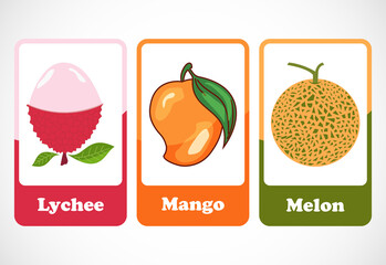 Fruit flashcards for kids. Educational cards for preschool. Printable vector illustration