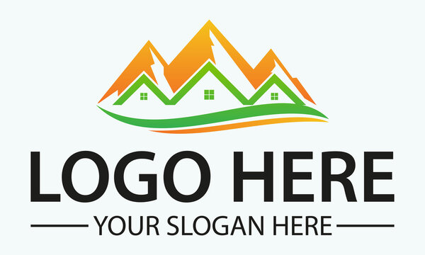 Orange ang Green Color Mountain and House Simple Shape Logo Design