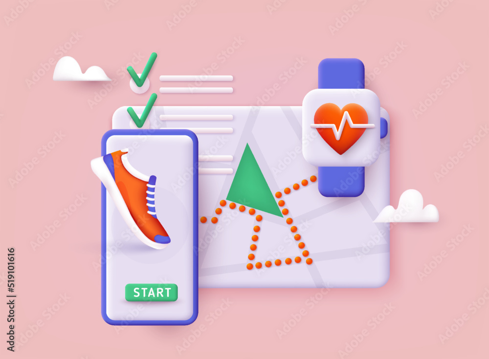 Poster app with track displayed with route. vector fitness route tracking concept illustration. 3d vector i