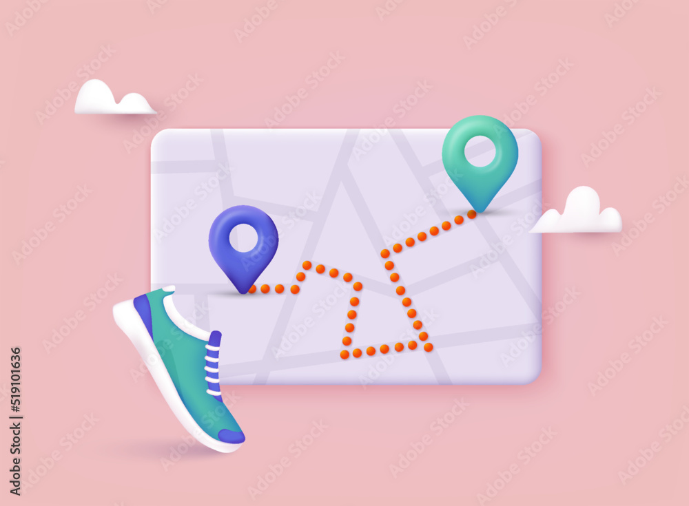 Poster app with track displayed with route. vector fitness route tracking concept illustration. 3d vector i