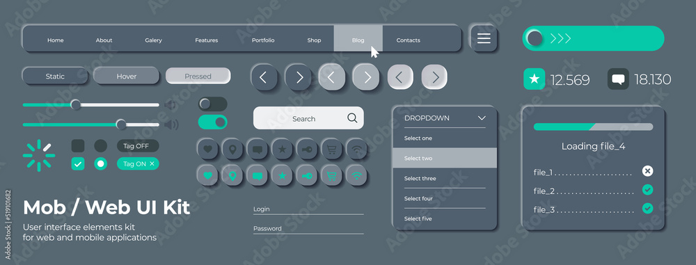 Poster dark theme user interface elements for mobile app. unique neumorphic ui ux design kit. manage, navig