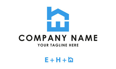 Blue House Building Line Art Letter E and H Logo Design
