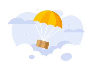 Delivery shipping via parachute as air mail drop icon vector flat, package box parcel flying in sky distribution simple modern cartoon design graphic on white background, airdrop express shipment