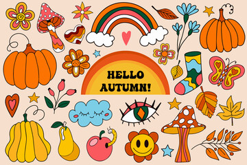 Retro 70s autumn vibe, hippie stickers, psychedelic groovy elements. Cartoon funky autumn leaves, mushrooms, pumpkins, harvest vintage hippy style element. vector illustration.