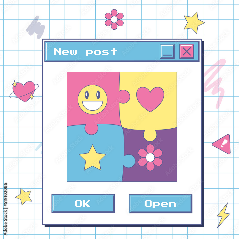 Aufkleber template for social networks with a window about a new post. aesthetic of an old computer. vintage u