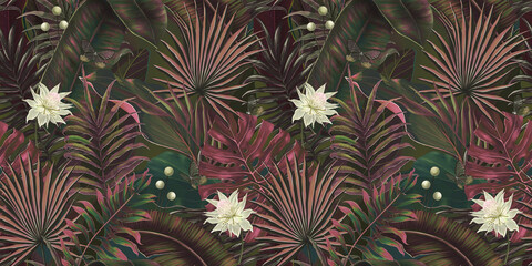 Seamless pattern with tropical green palm, colocasia, banana leaves. Hand drawing botanical vintage background. Suitable for making wallpaper, printing on fabric, wrapping paper, fabric