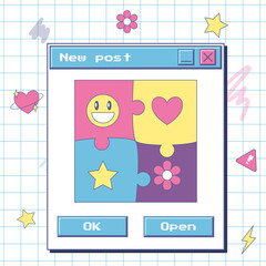 Template for social networks with a window about a new post. Aesthetic of an old computer. Vintage UI design elements and stickers.Retro 90s user interface. Y2k vector illustration on a notebook sheet