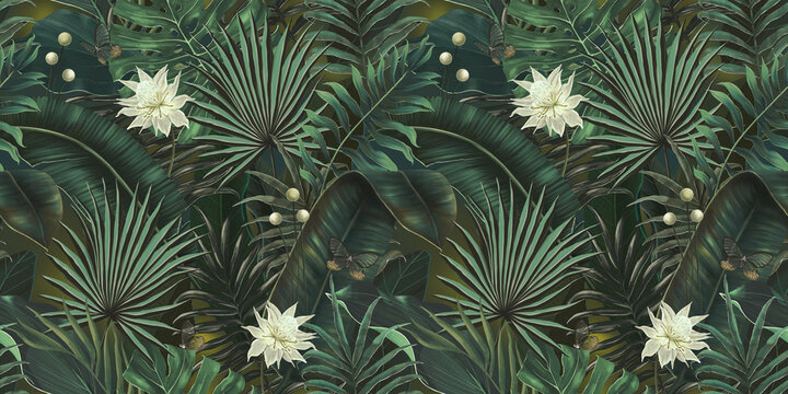 Seamless pattern with tropical green palm, colocasia, banana leaves. Hand drawing botanical vintage background. Suitable for making wallpaper, printing on fabric, wrapping paper, fabric