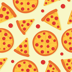 Seamless vector pattern with pepperoni pizza. Fast food Illustration.