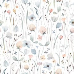 Cute vintage watercolor pattern with wildflowers isolated on white background. Delicate watercolor textile print.
