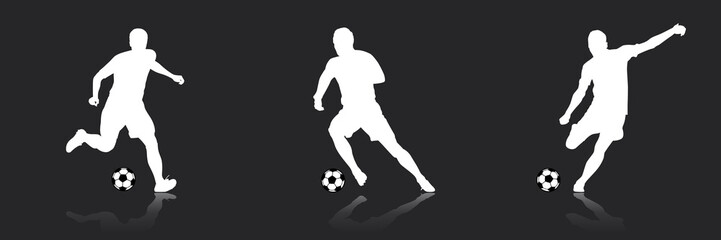 Football Soccer player silhouette with ball. High quality isolated Logo. Sport player shooting on black background. Vector illustration