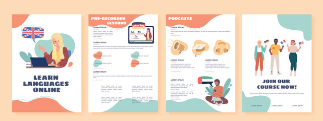 Learn languages online flat vector brochure template. Booklet, leaflet printable flat color design. Editable magazine page, reports kit with text space. Sigmar One, Balsamiq Sans, Comfortaa fonts used