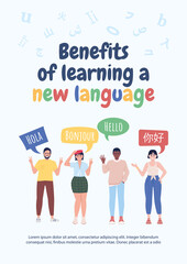 Benefits of learning new language flat vector banner template. International students poster, leaflet printable color designs. Editable flyer page with text space. Chewy, Myriad Pro Regular fonts used