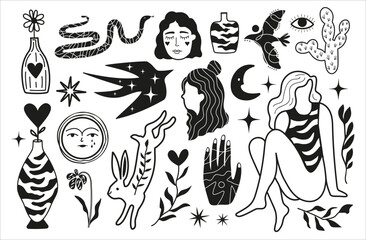 Vector isolated clip art tattoo bundle, trendy aesthetics objects Mystical snake, women, plants, animals, flowers and vases. Sticker pack set, black white apparel print design collection with stars - 519102803