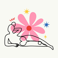 Woman outline silhouette lies with pink flower, heart inside, stars and lines. Flat style female healing meditation, concept art, modern body positive abstract print
