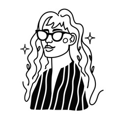 Vector illustration with hand drawn black white woman portrait in sunglasses. Self confidence concept art, female fashion print design