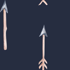 Seamless pattern of colored feathers and romantic arrows painted with watercolors on a white background