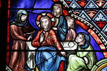 Stained glass in Notre Dame de Coutances cathedral : Jesus with Martha and Mary