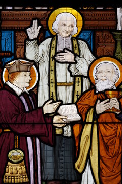 Stained glass in Saint-HonorŽ d'Eylau church : Saint Jean Vianney, holy priest of Ars