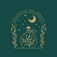 Herbal potion logo template. Boho vector emblem for essential oils, aromatherapy, botanical healing, medicinal herbs, natural beauty product, etc. Trendy badge with magic elixir bottle, stars and moon