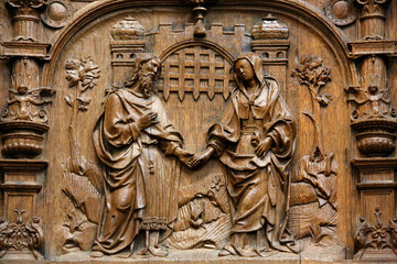 Basilica of St. Denis. Stalls of the Goillon's Chapel (beginning of the 16th century). Depiction of Virgin Mary and Joseph's marriage.