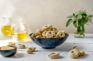 Sweet Italian cookies Taralli made with white wine, sugar, olive oil, eggs and flour