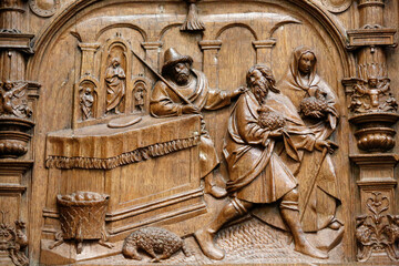 Basilica of St. Denis. Stalls of the Goillon's Chapel (beginning of the 16th century). Depiction of travelling scenes.