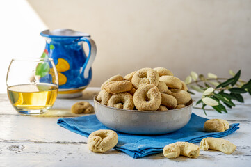 Sweet Italian cookies Taralli made with white wine, sugar, olive oil, eggs and flour