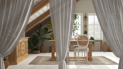 White openings curtains overlay bohemian dining room, table with chairs in boho style, clipping path, vertical folds, soft tulle textile texture, stage concept with copy space