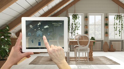 Smart remote home control system on a digital tablet. Device with app icons. Bohemian dining room in boho style. Dining table with chairs and sideboard, architecture interior design