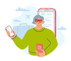 Aged female person is using technologies and showing e-ticket on smartphone screen. Oldies traveling concept. Flat cartoon style vector illustration.