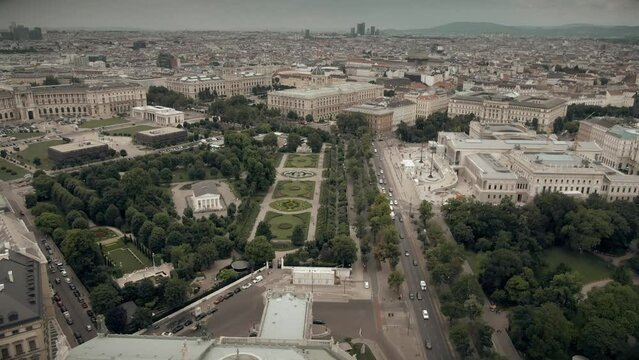 Beautiful aerial view of the Parliament building and the Volksgarten royal garden with classic Theseus Temple in the centre of Vienna, Austria
