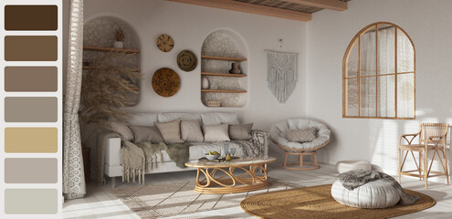 Interior design scene with palette color. Different colors and patterns. Architect and designer concept idea. Bohemian wooden living room in boho style